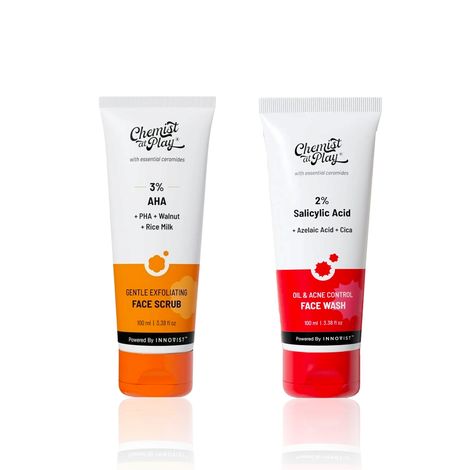 Buy Chemist at Play Clear Complexion Duo | Targets dead skin and blemishes for a healthy glow | Gentle Exfoliating Face Scrub with Mandelic Acid & Walnuts (100 ml) + Acne Control Face Wash with Ceramides (100 ml) Combo of 2-Purplle