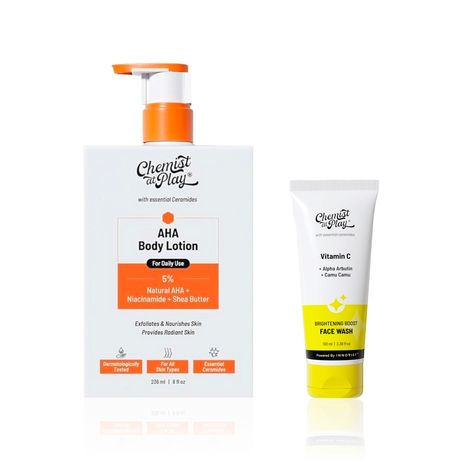 Buy Chemist at Play Daily Radiance Duo | Skin-brightening & nourishing | AHA Body Lotion with Ceramides (236 ml) + Vitamin C Brightening Face Wash (100 ml) Combo of 2-Purplle