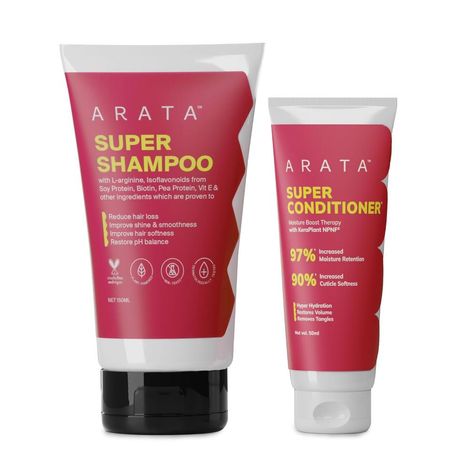 Buy Arata Essential Care Super Duo Travel Pack | Super Shampoo & Conditioner | Reduces Hair Fall, Adds Shine, Volumizes | With Keratin, Biotin & Argan Oil | Paraben & Sulphate Free | 200 ml-Purplle