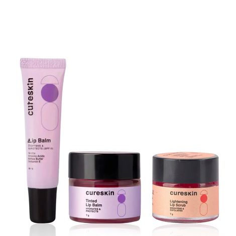 Buy Cureskin Triple Lip Care Set | Brightens & Exfoliates with Walnut Shell Powder Scrub, Hydrates & Tints with Fruit Extracts, and Defends with SPF 15 & Amino Acids (7 gm + 7 gm + 10 gm) Combo of 3-Purplle
