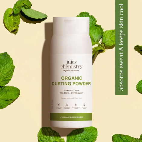 Buy Juicy Chemistry Organic Dusting Powder Fortified with Tea Tree + Peppermint, 100 gm | Controls Sweat, Odour & Itching | Refreshing & Cooling Body Powder | Talc-Free | Non-Toxic-Purplle