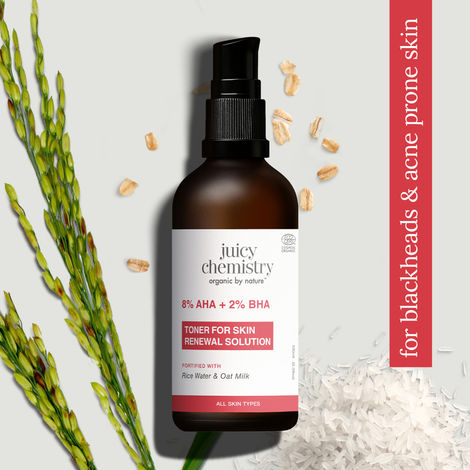 Buy Juicy Chemistry 8% AHA + 2% BHA Toner Fortified with Rice Water & Oat Milk, 100 ml | Exfoliating & Pore-Refining Toner | Gives Smooth, Clear, and Glowing Skin | Certified Organic & Alcohol-Free | For Men & Women-Purplle