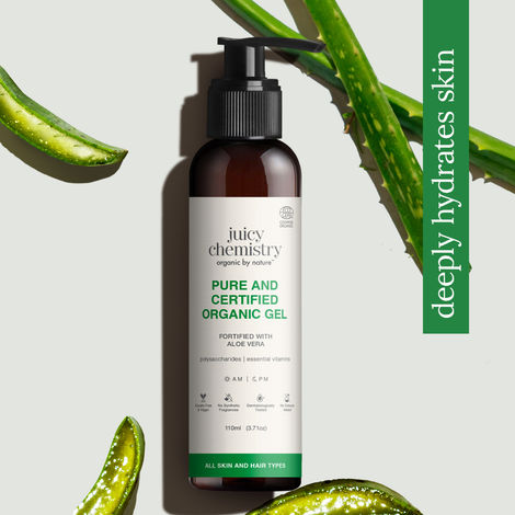Buy Juicy Chemistry Pure & Certified Organic Aloe Vera Gel, 110 ml | Hydrating & Soothing Gel for Face, Body & Hair | Lightweight | Non-Sticky | Multipurpose Gel | Calms Inflammation & Acne | Heals Sunburns | Soothes Scalp Irritation-Purplle