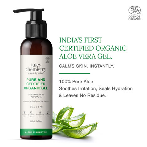 Buy Juicy Chemistry Pure & Certified Organic Aloe Vera Gel, 110 ml | Hydrating & Soothing Gel for Face, Body & Hair | Lightweight | Non-Sticky | Multipurpose Gel | Calms Inflammation & Acne | Heals Sunburns | Soothes Scalp Irritation-Purplle