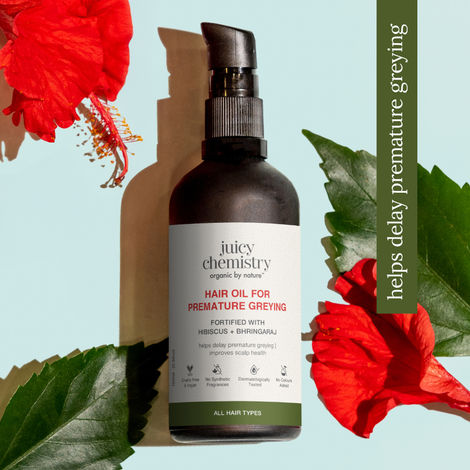 Buy Juicy Chemistry Hair Oil for Premature Greying Fortified with Hibiscus & Bhringaraj, 100 ml | Natural Grey Hair Prevention & Nourishing Hair Oil | Improves Hair Texture | 100% Organic-Purplle
