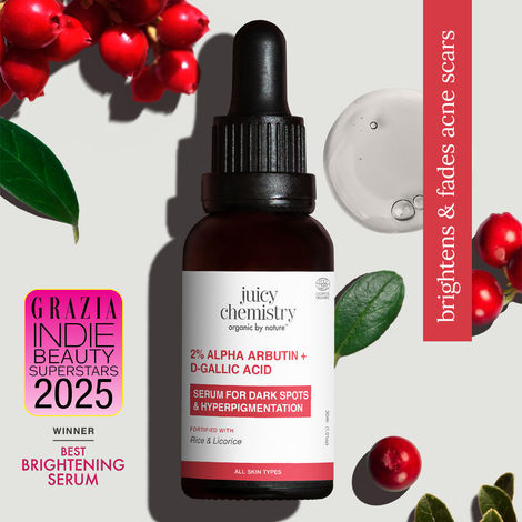 Buy Juicy Chemistry 2% Alpha Arbutin + D-Gallic Acid Serum, 30 ml | Brightens Skin | Fades Dark Spots & Hyperpigmentation | Certified Organic, Alcohol-Free, Non-Comedogenic| For Men & Women-Purplle