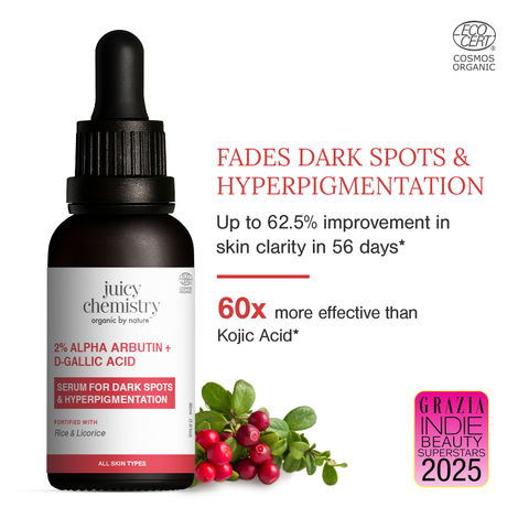 Buy Juicy Chemistry 2% Alpha Arbutin + D-Gallic Acid Serum, 30 ml | Fades Pigmentation, Dark Spots & Acne Scars | Hydrates & Brightens Skin Tone | Lightweight | All Skin Types | Dermatologically Tested-Purplle