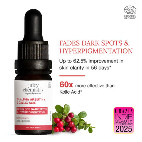 Buy Juicy Chemistry 2% Alpha Arbutin + D-Gallic Acid Serum, 10 ml | Fades Pigmentation, Dark Spots & Acne Scars | Hydrates & Brightens Skin Tone | Lightweight | All Skin Types | Dermatologically Tested-Purplle