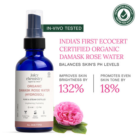 Buy Juicy Chemistry Organic Damask Rose Water (Hydrosol), 50 ml | 100% Pure Steam Distilled | Brightens & Promotes Even Skin Tone | Boosts Skin Hydration | Dermatologically Tested | Clinically Proven-Purplle
