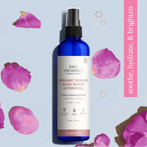 Buy Juicy Chemistry Organic Damask Rose Water (Hydrosol), 200 ml | 100% Pure Steam Distilled Toner | Hydrates | Soothes & Balances Skin | Certified Organic, Alcohol-Free Face Mist| For Men & Women-Purplle