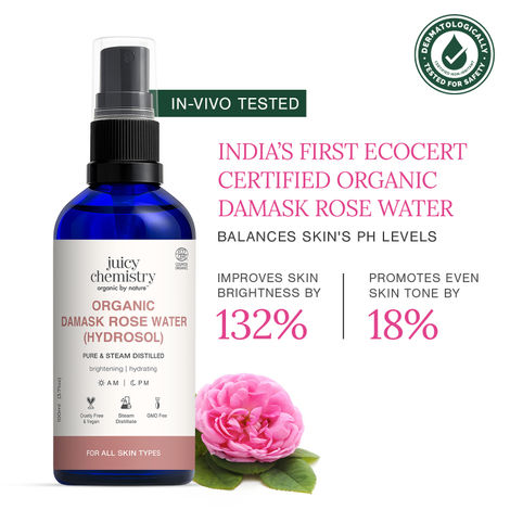 Buy Juicy Chemistry Organic Damask Rose Water (Hydrosol), 100 ml | 100% Pure Steam Distilled | Brightens & Promotes Even Skin Tone | Boosts Skin Hydration | Dermatologically Tested | Clinically Proven-Purplle