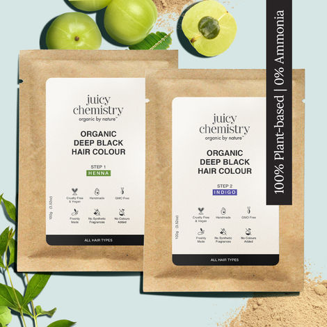 Buy Juicy Chemistry Organic Deep Black Hair Colour Fortified with Henna & Indigo, 200 gm | Natural Grey Coverage | Hair Conditioning-Purplle