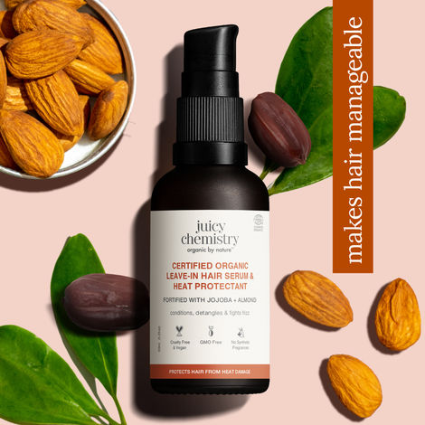 Buy Juicy Chemistry Certified Organic Leave-in Hair Serum & Heat Protectant Fortified with Jojoba & Almond, 30 ml | Smoothens | Nourishes & Protects Hair-Purplle