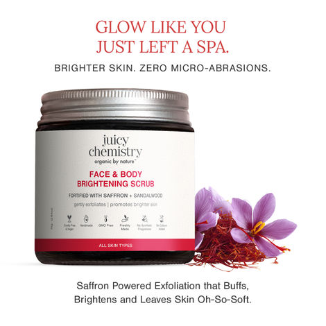Buy Juicy Chemistry Face & Body Brightening Scrub with Saffron & Sandalwood, 75 gm | Organic Exfoliating Scrub for Glowing Skin | Gently Removes Dead Skin Cells | Smoothens Skin Texture | Brightens Skin | Dermatologically Tested-Purplle