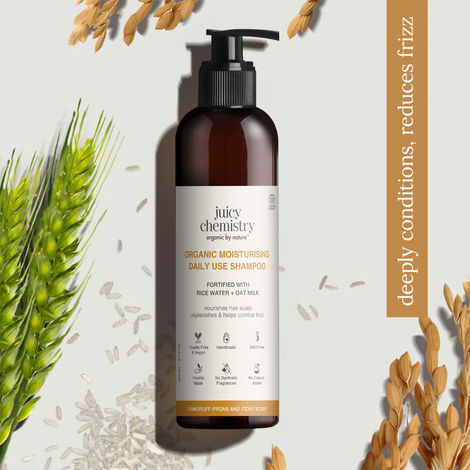 Buy Juicy Chemistry Certified Organic Moisturising Daily Use Shampoo Fortified with Rice Water + Oat Milk, 200 ml | Healthier & Shiny Hair | Gentle & Effective-Purplle