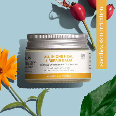 Buy Juicy Chemistry All-In-One Heal & Repair Balm Fortified with Rosehip + Calendula, 25 gm | Multi-Purpose Organic Balm for Dry Skin, Lips, Elbows & Scars | Certified Organic, Fragrance-Free & Alcohol-Free-Purplle