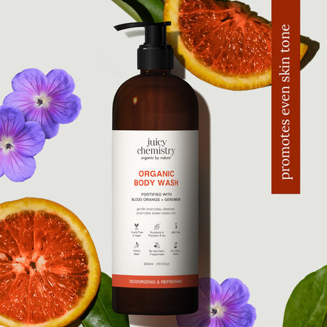 Buy Juicy Chemistry Organic Body Wash Fortified with Blood Orange & Geraniumm, 500 ml | Hydrating & Refreshing Shower Gel-Purplle