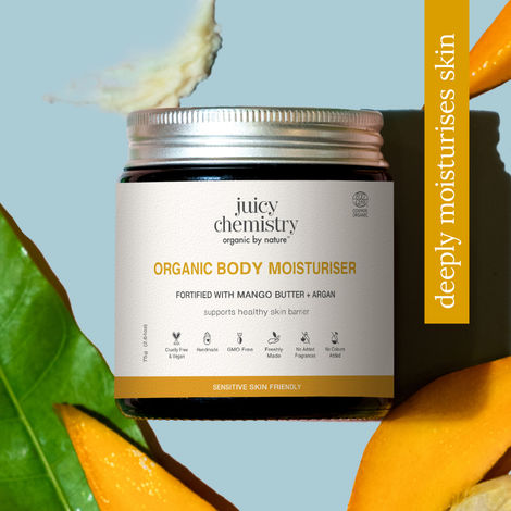 Buy Juicy Chemistry Certified Organic Body Moisturiser with Mango Butter + Argan, 75 gm | Deeply Softens & Moisturises Dry Skin | Supports Healthy Skin Barrier | Prevents Moisture Loss | Soft & Supple Skin | Dermatologically Tested-Purplle