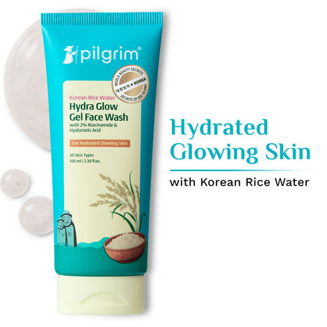 Buy Pilgrim Korean Rice Water Hydra Glow Gel Face Wash for Hydrated Glowing Skin | With 2 % Niacinamide for Dark Spots, Hyaluronic Acid for Deep Hydration | Gentle Cleanse | For All Skin Type | 100 ml-Purplle