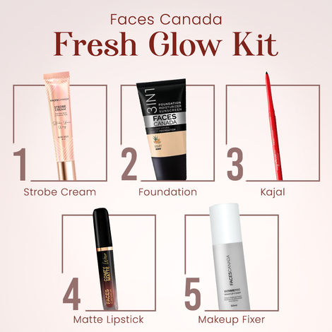 Buy Faces Canada Fresh Glow Kit (Ultime Pro Makeup Fixer 50 ml + Strobe Cream Mini- Rose Gold (18 gm) + All Day Hydra Matte Foundation - Mini + Comfy Matte Wow Liquid Lipstick - Cocoa Crush + Magneteyes Kajal - Black) Combo of 5-Purplle