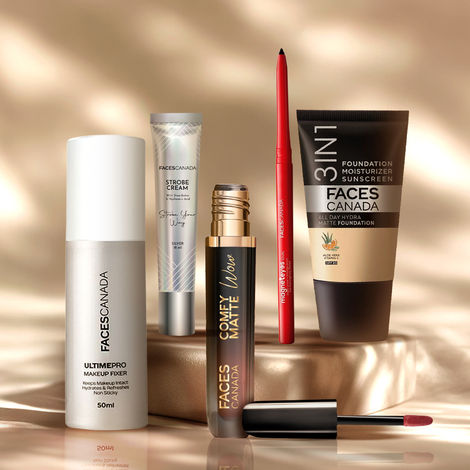 Buy Faces Canada Flawless Finish Kit (Ultime Pro Makeup Fixer 50 ml + Strobe Cream Mini- Silver (18 gm) + All Day Hydra Matte Foundation - Mini + Comfy Matte Wow Liquid Lipstick - Choco Couture + Magneteyes Kajal - Black) Combo of 5-Purplle