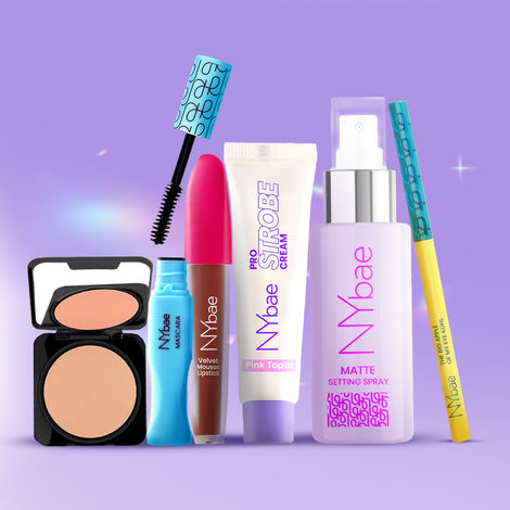 Buy NY Bae Soft Glam Makeup Kit (Velvet Mousse Liquid Lipstick Spicy Rust + Big Apple Of My Eyes Kohl Kajal - Black + Setting Spray (60 ml) + Long Lash Mascara - Intense Black + Strobe Cream + Runway Radiance Compact Powder - Pale Ivory) Combo of 6-Purplle