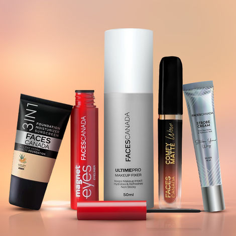 Buy Faces Canada Bold & Bright Kit (Ultime Pro Makeup Fixer 50 ml + Strobe Cream Mini- Silver (18 gm) + All Day Hydra Matte Foundation - Mini + Comfy Matte Wow Liquid Lipstick - Choco Couture + Magneteyes Eyeliner - Black) Combo of 5-Purplle