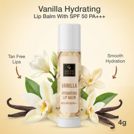 Buy Good Vibes Vanilla Hydrating Lip Balm SPF 50 PA+++ | Nourishing & Sun Protection | Smooth Moisture | Non-Sticky Comfort | Cocoa Butter + Shea Butter | Brightening Niacinamide | Pocket-Sized Daily Lip Care – 4 gm-Purplle