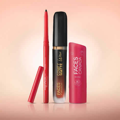 Buy Faces Canada On-the-Go Glow Combo Makeup Kit (Comfy Matte Wow Liquid Lipstick - Cocoa Crush + Color Lip Balm - Rose Petal + Magneteyes Kajal - Black) combo of 3-Purplle