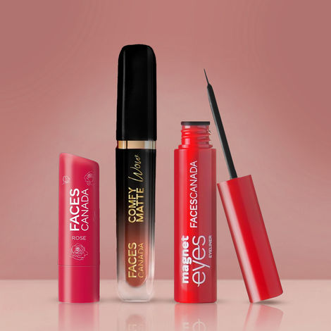 Buy Faces Canada Touch up Trio Makeup Kit (Comfy Matte Wow Liquid Lipstick - Choco Couture + Color Lip Balm - Rose Petal + Magneteyes Eyeliner - Black) Combo of 3-Purplle