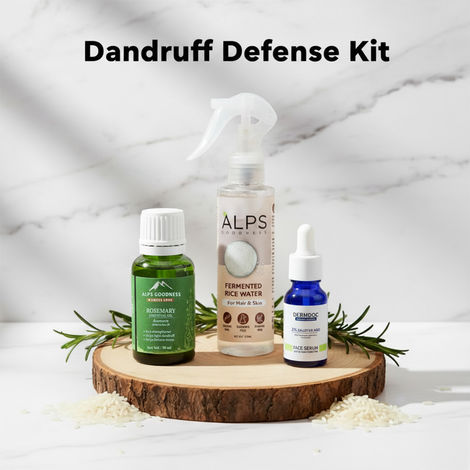 Buy Alps Goodness X DERMDOC Dandruff Defense Combo Kit | Alps Goodness Fermented Rice Water (100 ml) + Rosemary Essential Oil (30 ml) + DermDoc Salicylic Acid Serum (15 ml) | Fights Dandruff | Controls Acne | Strengthens Hair & Clears Skin Combo of 3-Purplle