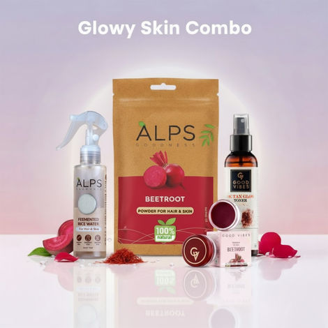 Buy Alps Goodness X Good Vibes Glowy Skin Combo | Alps Goodness Fermented Rice Water (100 ml) | Alps Goodness Beetroot Powder (50 gm) | Good Vibes Ubtan Insta Glow Toner (120 ml) | Good Vibes Beetroot Plumping Lip Balm 5.5 gm Combo of 4-Purplle