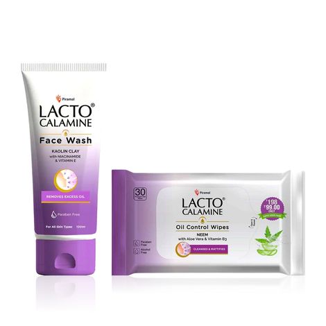 Buy Lacto Calamine Oil Control Face Wipes + Face Wash Combo | With Neem, Aloe Vera, Kaolin Clay & Niacinamide | Removes Makeup, Controls Oil & Prevents Pimples | Gentle Daily Skincare Duo for Women & Men (30N + 100 ml) - Combo of 2-Purplle