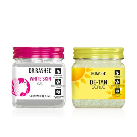 Buy Dr.Rashel De-Tan Face & Body Scrub + Skin Whitening Gel Combo | Tan Removal & Brightening for All Skin Types | Deep Exfoliation, Hydration & Glow Boost | Complete Skincare Duo (380 ml + 380 ml) - Combo of 2-Purplle