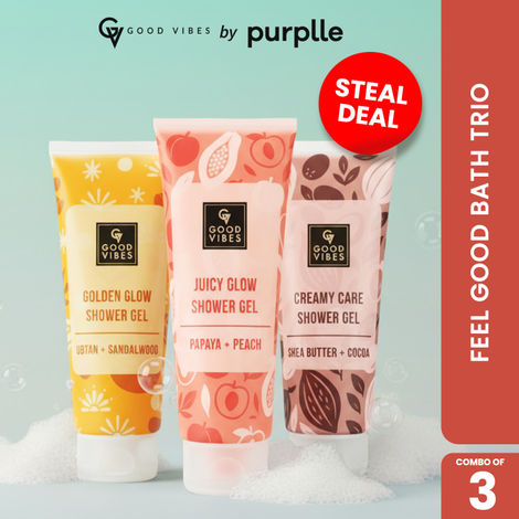 Buy Good Vibes Feel Good Bath Trio (Combo of 3) | | Papaya & Peach Juicy Glow Shower Gel | Shea Butter & Cocoa Creamy Care Shower Gel | Ubtan & Sandalwood Shower Gel | (200 ml x 3)-Purplle