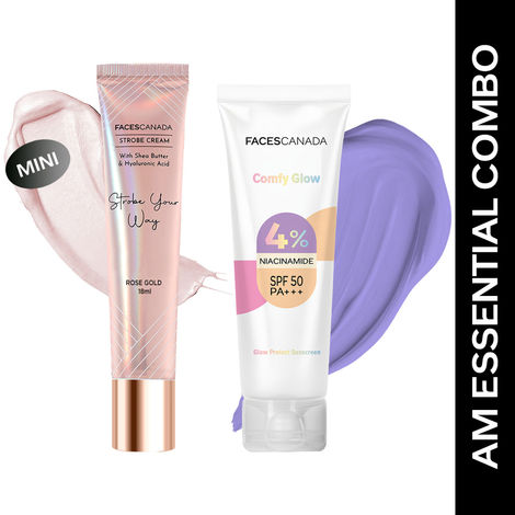 Buy FACES CANADA AM Essential Combo - Strobe Cream - Rose Gold, 18 ml + Comfy Glow SPF50 PA+++ Niacinamide Sunscreen, 30 ml | UVA & UVB Protection | Brightens Skin | Lightweight & Non Greasy | Glowing Makeup Base-Purplle
