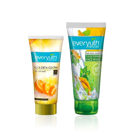 Buy Everyuth Naturals Tulsi & Turmeric Anti Acne Face Wash + Golden Glow Peel-Off Mask Combo | 24K Gold, Tulsi & Turmeric | Fights Acne, Reduces Marks & Adds Instant Radiance | Clear & Glowing Skin Duo (150 gm + 100 gm) - Combo of 2-Purplle