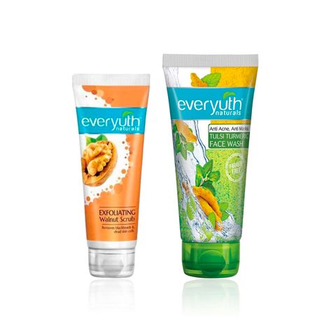 Buy Everyuth Naturals Exfoliating Walnut Scrub + Tulsi & Turmeric Anti Acne Face Wash Combo | Deep Cleansing & Exfoliation | Fights Acne, Removes Blackheads & Brightens Skin | Clear Skin Care Duo (Scrub 100 gm + Face Wash 150 gm) - Combo of 2-Purplle