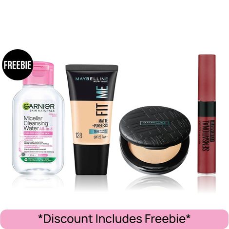 Buy Maybelline Flawless Finish Kit-Fit Me Foundation Tube 128 Warm Nude (18 ml) | Maybelline Fit Me Compact 128 Warm Nude (6 gm) | Maybelline Sensational Liquid Matte Lipstick 21 Nude Nuance (7 ml) | Garnier Micellar Water (50 ml) combo of 4 Makeup Kit-Purplle