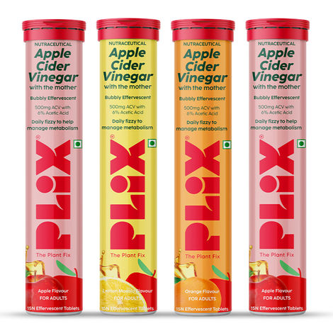Buy PLIX Apple Cider Vinegar Effervescent for Weight Loss Multi Flavour - Apple Burst, Orange Squeeze, Lemon Masala & Juicy Watermelon - 60 Tablets(Variety Pack of 4) (ACV)-Purplle