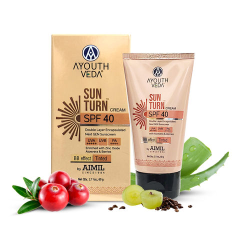 Buy Ayouthveda Sun Turn Cream SPF 40 - Double Layer Encapsulated Sunscreen - Tinted with BB Effect - PA++++ - UVA(+++++)/UVB Protection - Blue Light Defense - Enriched with Zinc Oxide, Aloe Vera & Berries - Net.Qty:- 60 gm-Purplle
