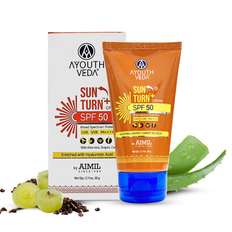 Buy Ayouthveda Sun Turn+ Cream SPF 50 for Turning Away Harsh Effects of Sun Net qty.- 60 gm-Purplle