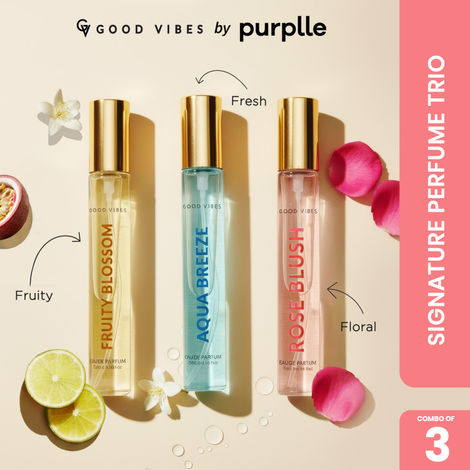 Buy Good Vibes Signature Perfume Trio (Combo of 3) | Fruity Blossom (Fruity Floral) | Aqua Breeze (Fresh Aquatic) | Rose Blush (Soft Floral) | Long Lasting | Pocket Perfume Set – 15 ml x 3-Purplle