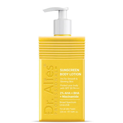 Buy Dr.Alies Professional Sunscreen - SPF 50 PA+++ 2% AHA BHA SPF 50 PA+++ Sunscreen Body Lotion Smooth, Bright, Sun-Protected Skin (225 gm)-Purplle
