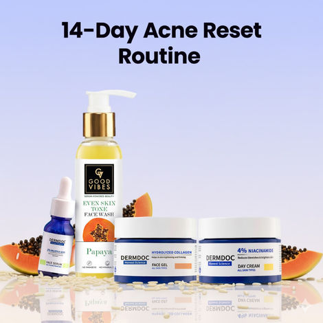 Buy DermDoc x Good Vibes 14-Day Acne Reset Routine (Combo of 4) | Salicylic Acid Face Serum (15 ml) | Niacinamide Day Cream (50 g) | Skin Tightening Gel with Hydrolyzed Collagen (50 gm) | Papaya Brightening Face Wash (120 ml)-Purplle