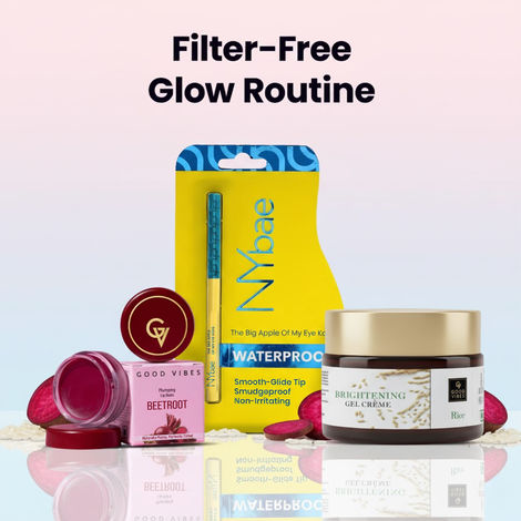 Buy NY Bae x Good Vibes Filter-Free Glow Routine (Combo of 3) | Big Apple Kajal – Black (0.25 gm) | Beetroot Plumping Lip Balm (5.5 gm) | Rice Brightening Gel Creme (50 gm)-Purplle