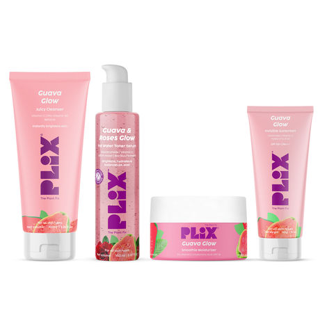 Buy PLIX Guava & Roses Regime for Bright Skin & Balanced Skin pH|Hydrating Cleanser|2-in-1 Toner Serum|Smoothie Moisturizer|Invisible Sunscreen Gel With SPF 50+ PA +++|For Unisex|Combo of 4-Purplle