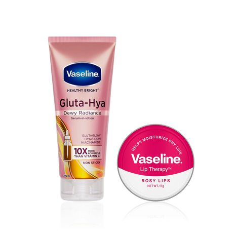 Buy Vaseline Gluta-Hya Bright Glow Combo (Vaseline Gluta-Hya Dewy Radiance Lotion for Face & Body | Gives Brighter Skin | Glutathione & Niacinamide Infused Moisturizer 200 ml + Vaseline Lip Therapy Rosy Lips 17 gm) Combo of 2-Purplle