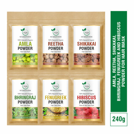 Buy TQS 100% Natural & Organic Amla, Reetha, Shikakai, Bhringraj, Fenugreek & Hibiscus Powder Set- 240 gm-Purplle