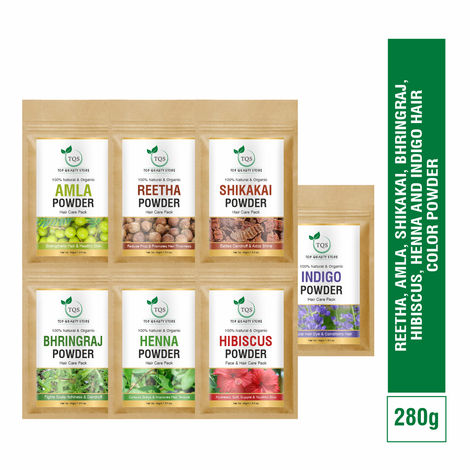 Buy TQS 100% Natural & Organic Reetha, Amla, Shikakai, Bhringraj, Hibiscus, Henna & Indigo Powder Set - 280 gm-Purplle